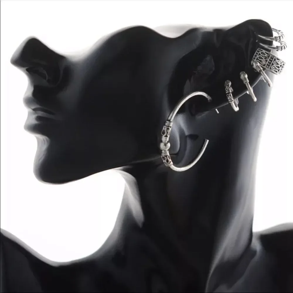 Silver Bali Multi Hoops Ear Cuffs Eartings Set of 7 Jewelry NEW